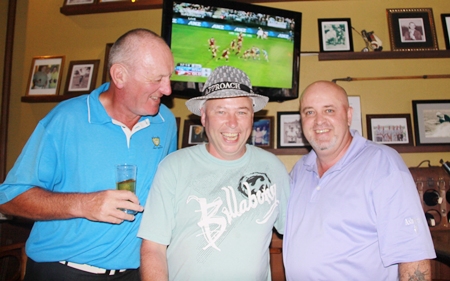 (L to R) Bob Newell, Gabriel Enright and Dale Shier after the golf on Wednesday and watching the State of Origin rugby match on TV.